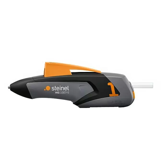 Steinel Akku-Heißklebestift MobileGlue 1007-S - 3,6 V, Durchmesser Klebepatrone: 7 mm, 170 °C - Steinel MG 1007-S Akku-Heißklebepistole in Schwarz und Grau mit orangefarbenen Akzenten, Metallspitze und sichtbarem Klebestick.