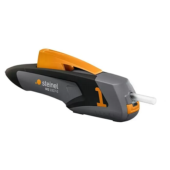 Steinel Akku-Heißklebestift MobileGlue 1007-S - 3,6 V, Durchmesser Klebepatrone: 7 mm, 170 °C - Steinel MG 1007-S Heißklebepistole, grau-schwarz mit orangefarbenen Akzenten, mit eingelegtem weißem Klebestift. Li-Ion betrieben.