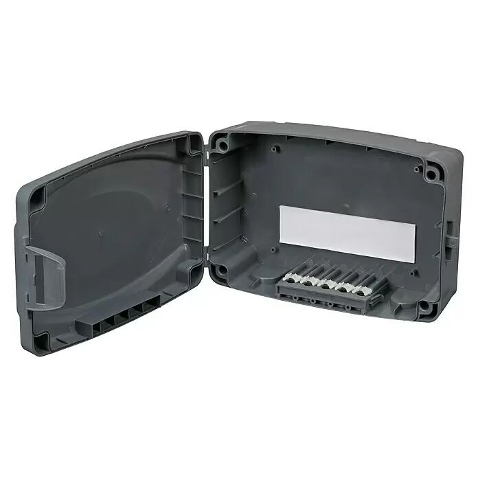 Brennenstuhl Kabelbox - L x B x H: 34 x 23 x 12,5 cm, IP54 - Offener grauer Kunststoff-Elektroverteiler mit Scharnierdeckel, zeigt interne Befestigungspunkte und Klemmleiste.