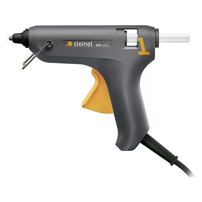 Steinel Heißklebepistole GlueMatic 1011 - Durchmesser Klebepatrone: 11 mm, Temperaturbereich: 200 °C - Graue Heißklebepistole mit gelbem Abzug, schwarzem Kabel, Metallständer und weißem Klebestift.