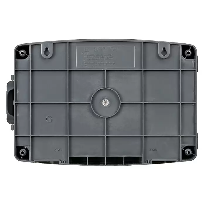 Brennenstuhl Kabelbox - L x B x H: 34 x 23 x 12,5 cm, IP54 - Unterseite eines dunkelgrauen Kunststoffgehäuses mit Verstärkungsraster, Befestigungslöchern und Entwässerungsöffnungen.