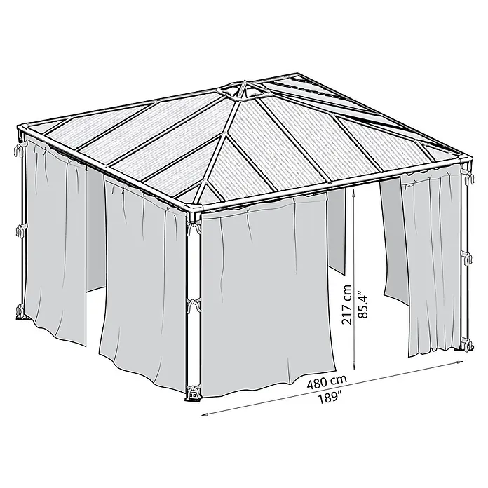 Palram – Canopia Pavillon-Seitenwände für Pavillon Palermo 4300 - B x H: 480 x 217 cm - Bild eines Pavillons mit Vorhängen und Maßangaben zu Höhe und Breite.