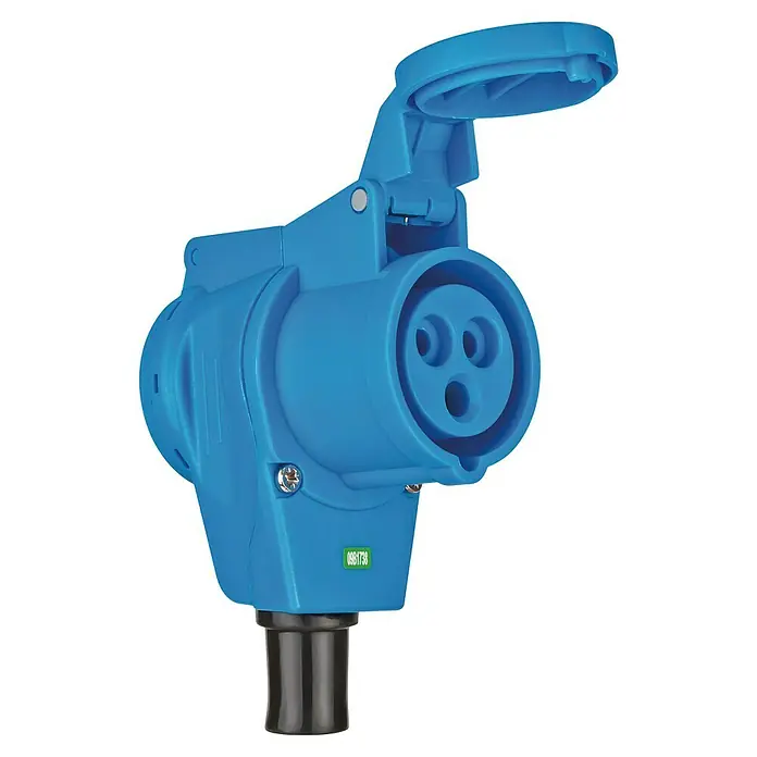 Brennenstuhl CEE-Kupplung auf Schutzkontakt-Steckdose - 230 V, 3 Stk., IP44 - Das Bild zeigt eine blaue Industriesteckdose mit drei Löchern und einer Schutzklappe, die geöffnet ist.