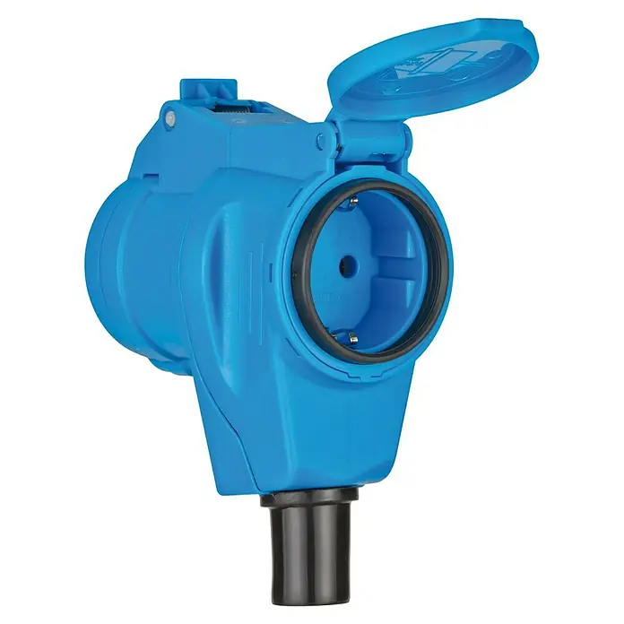 Brennenstuhl CEE-Kupplung auf Schutzkontakt-Steckdose - 230 V, 3 Stk., IP44 - Blaue Steckdose mit geöffnetem Deckel, ideal für den Außenbereich, robust und wetterfest.