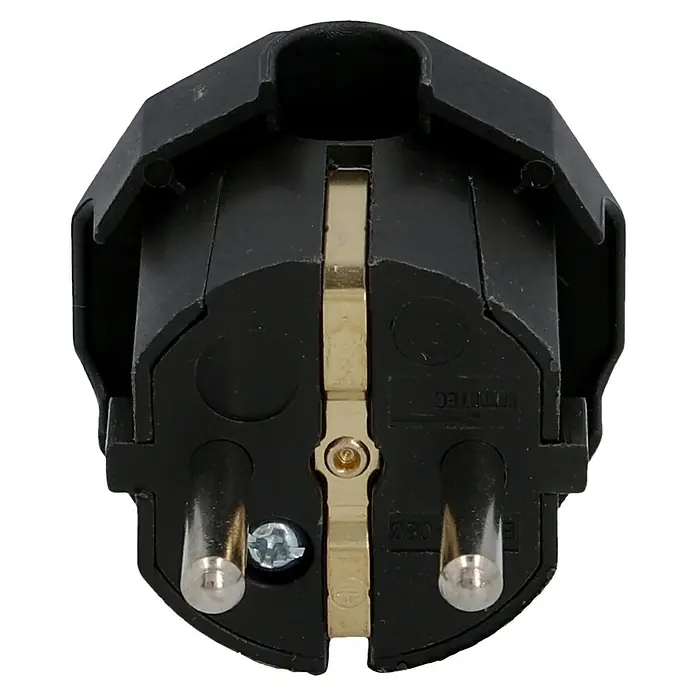 UniTEC Schutzkontaktstecker - Schwarz, Seitliche Kabeleinführung - Nahaufnahme eines Schuko-Steckers. Der Stecker ist schwarz mit goldenen Kontakten und silbernen Stiften und Schrauben für die sichere Stromverbindung.