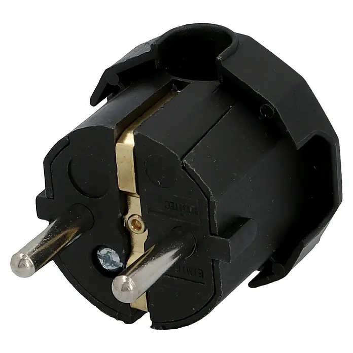 UniTEC Schutzkontaktstecker - Schwarz, Seitliche Kabeleinführung - Nahaufnahme eines schwarzen Schuko-Steckers mit silbernen Stiften und goldenen Kontakten. Ideal für den sicheren Stromanschluss im Haushalt.