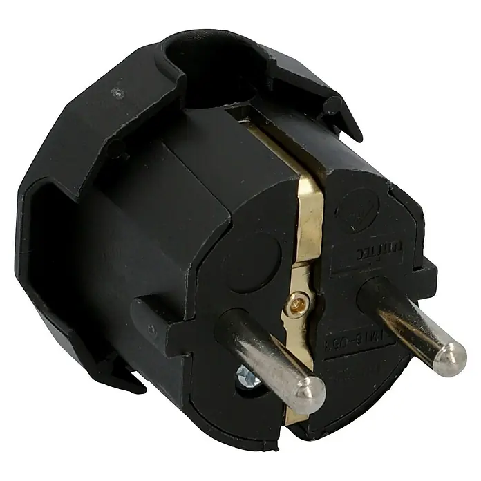 UniTEC Schutzkontaktstecker - Schwarz, Seitliche Kabeleinführung - Nahaufnahme eines schwarzen Eurosteckers mit runden Stiften und seitlichen Erdungskontakten.