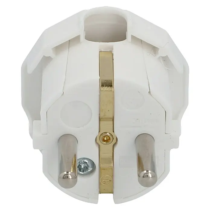 UniTEC Schutzkontaktstecker - Weiß, Seitliche Kabeleinführung - Nahaufnahme eines weißen Eurosteckers mit zwei Stiften und einem Schutzkontakt für den europäischen Markt.