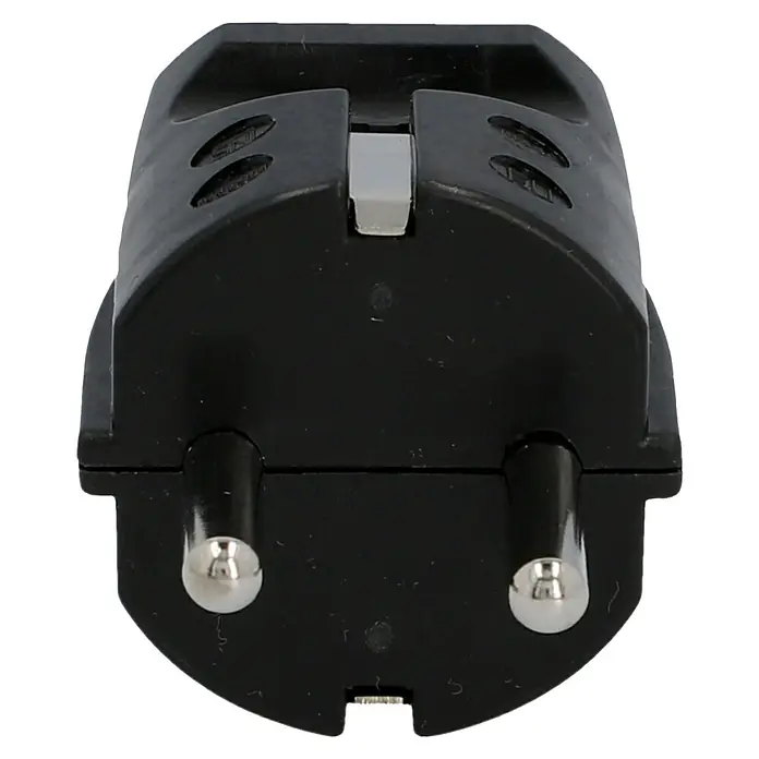 UniTEC Schutzkontaktstecker - Schwarz, PVC, IP20 - Nahaufnahme eines schwarzen Eurosteckers mit zwei runden Stiften und einem Erdungskontakt, ideal für europäische Steckdosen.