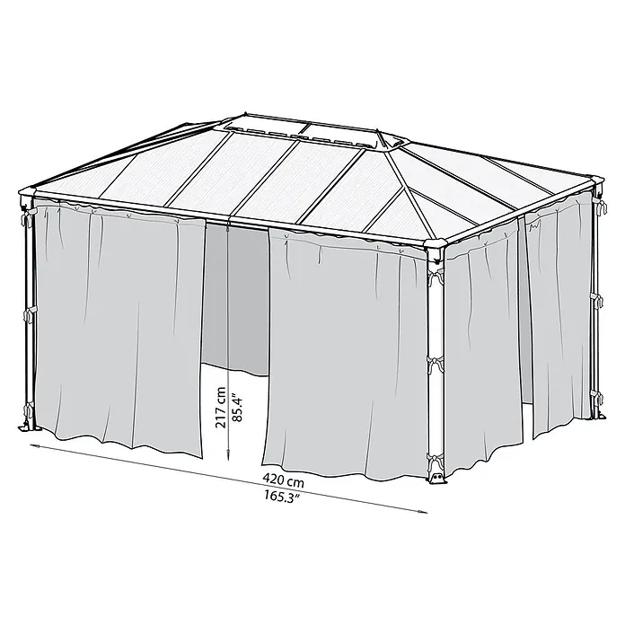 Palram – Canopia Pavillon-Seitenwände für Pavillon Palermo 3000 - B x H: 360 x 217 cm - Abbildung eines Pavillons mit Vorhängen und Maßangaben in Zentimetern und Zoll für Höhe und Breite.