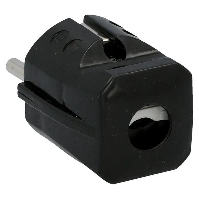 UniTEC Schutzkontaktstecker - Schwarz, PVC, IP20 - Detailaufnahme eines schwarzen Schukosteckers, der die Bauweise und Anschlussdetails des Steckers zeigt.