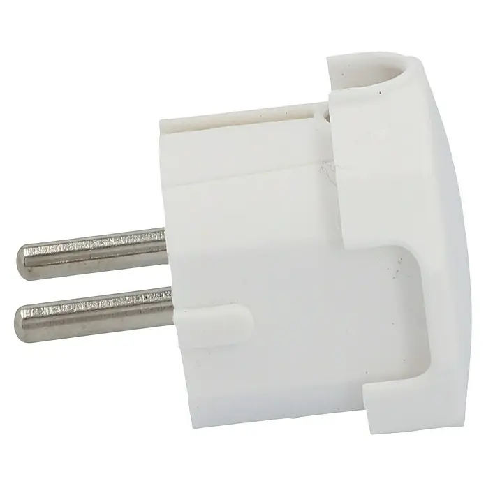 UniTEC Schutzkontaktstecker - Weiß, Seitliche Kabeleinführung - Nahaufnahme eines Eurosteckers mit zwei runden Stiften und einem weißen Kunststoffgehäuse. Kompakter Stecker für europäische Steckdosen.
