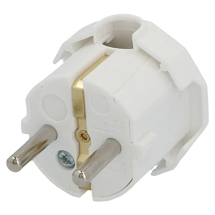 UniTEC Schutzkontaktstecker - Weiß, Seitliche Kabeleinführung - Nahaufnahme eines weißen Schutzkontaktsteckers mit zwei Stiften und Erdung, ideal für Elektrogeräte im europäischen Raum.
