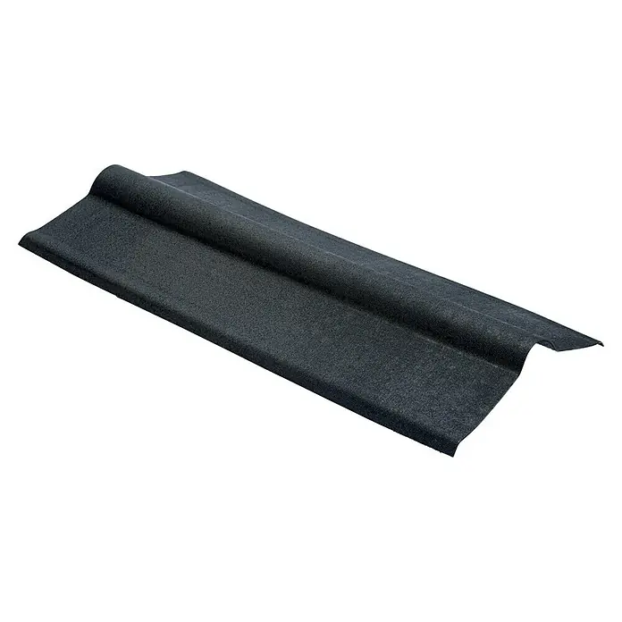 Onduline Firsthaube Base - Schwarz, 100 x 25 cm, Geeignet für: Bitumen-Wellplatten - Nahaufnahme einer schwarzen Firstziegel, die auf einem Dach verwendet wird, um die höchste Kante abzudecken und abzudichten.