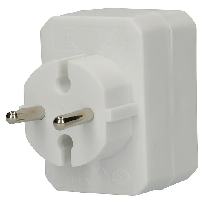 UniTEC Euro-Adapter - Weiß, Anzahl Steckdosen Euro: 3 Stk., 1.250 W - Nahaufnahme eines weißen Steckdosenadapters mit zwei Stiften und einem Loch. Das Produkt ist für europäische Steckdosen geeignet.