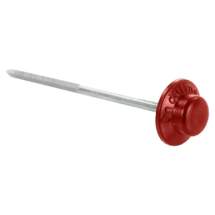 Onduline Nägel - 100 Stk., Länge: 65 mm, Rot - Nahaufnahme eines rotköpfigen Befestigungsnagels, ideal für Bau- und Reparaturarbeiten, mit deutlichem Firmenlogo auf dem Kopf.