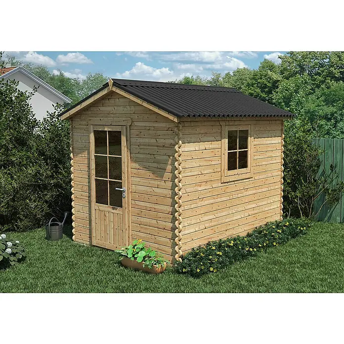 Onduline Wellplatte Base - 200 cm x 85,5 cm x 2,6 mm, Sonstiges, Schwarz - Abbildung eines Holzschuppens mit schwarzem Dach, umgeben von Grün. Ideal für die Gartenaufbewahrung und den Außenbereich.