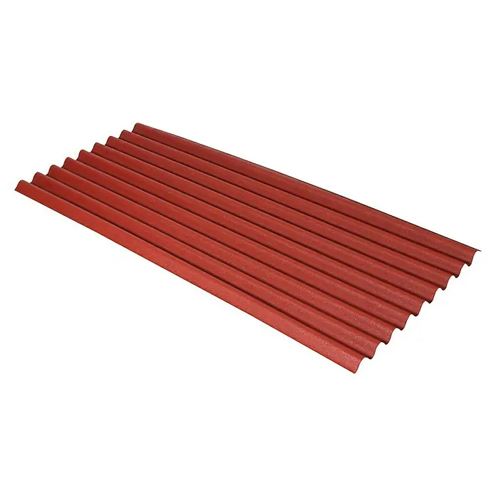 Onduline Wellplatte Base - 200 cm x 85,5 cm x 2,6 mm, Sonstiges, Rot - Nahaufnahme einer roten, gewellten Dachplatte mit einer geriffelten Oberfläche auf schwarzem Hintergrund.