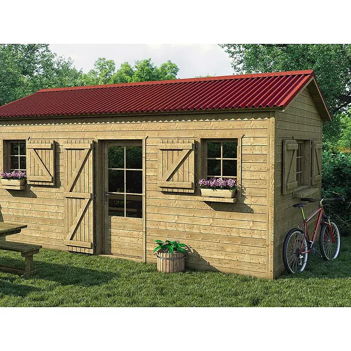 Onduline Wellplatte Base - 200 cm x 85,5 cm x 2,6 mm, Sonstiges, Rot - Ein hölzernes Gartenhaus mit rotem Dach, flankiert von einem Fahrrad und Blumenkästen.