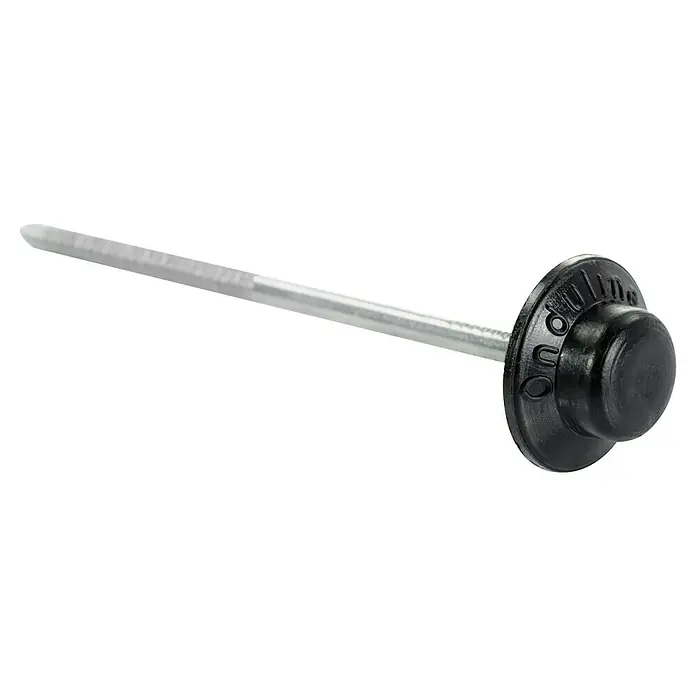 Onduline Nägel - 100 Stk., Länge: 65 mm, Schwarz - Ein einzelner Oudline-Isolierungsnagel mit einem breiten, schwarzen Kunststoffkopf und einem silberfarbenen Metallschaft.
