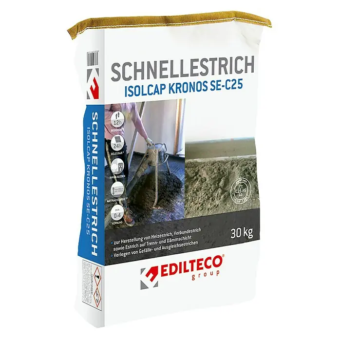 Schnellestrich Kronos SE-C25 - 30 kg - Abbildung eines Sackes SCHNELLESTRICH ISOLCAP KRONOS SE-C25, einem Schnellestrichmörtel zum Erstellen von Heiz- und Verbundestrich.