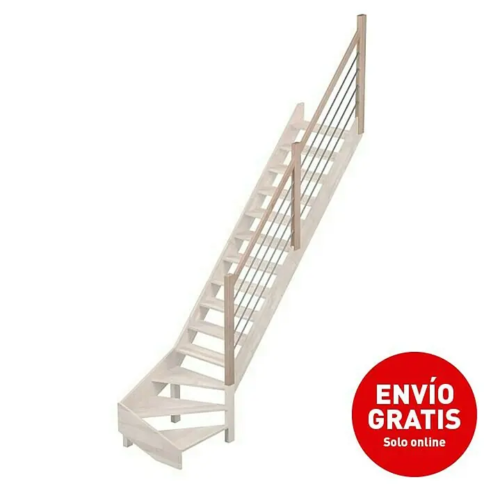 Sogem Escalera principal Nevada - Color peldaños: Haya, Ancho: 82 cm, 1/4 espiral derecha, Altura de planta: 285 cm - Escalera de madera clara con barandilla y peldaños, ideal para interiores. El elemento perfecto para tu hogar.