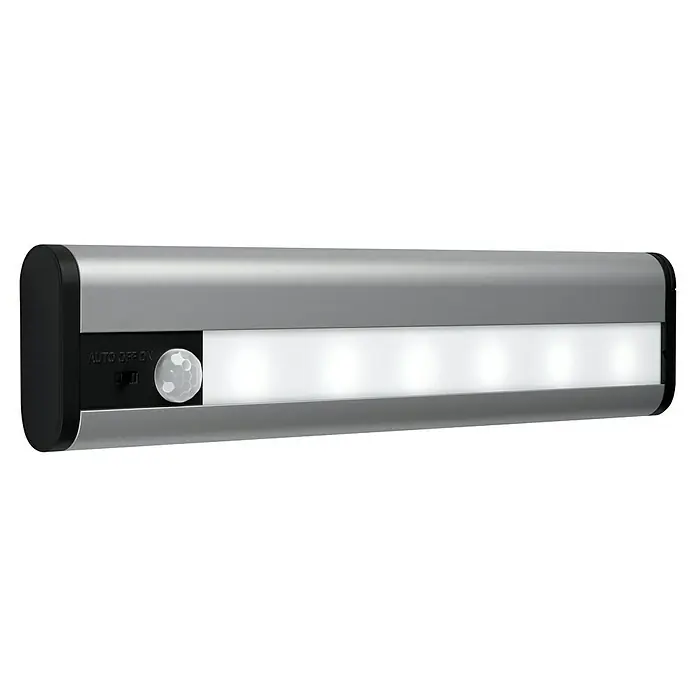 Ledvance LED-Unterbauleuchte - 1 W, Kaltweiß, Länge: 200 mm, Betriebsart: Batteriebetrieben - Eine silberne LED-Leuchte mit Bewegungssensor für Schränke, ausgestattet mit einem "Auto/Off/On"-Schalter für verschiedene Beleuchtungsmodi.
