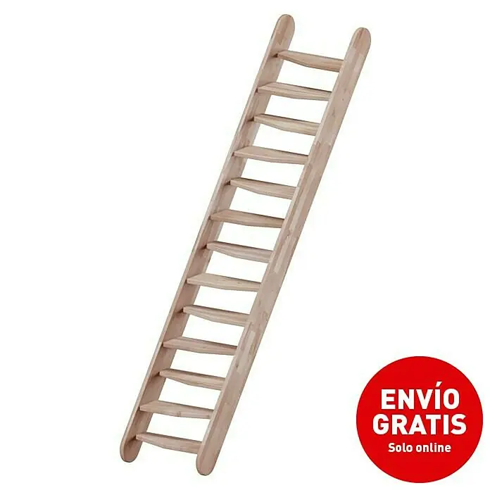 Sogem Escalera principal Osaka - Haya, Ancho: 60 cm, Altura de planta: 230 cm, Sin barandilla - Escalera de madera con trece peldaños, ideal para uso interior o como elemento decorativo. Color madera natural, robusta y versátil.