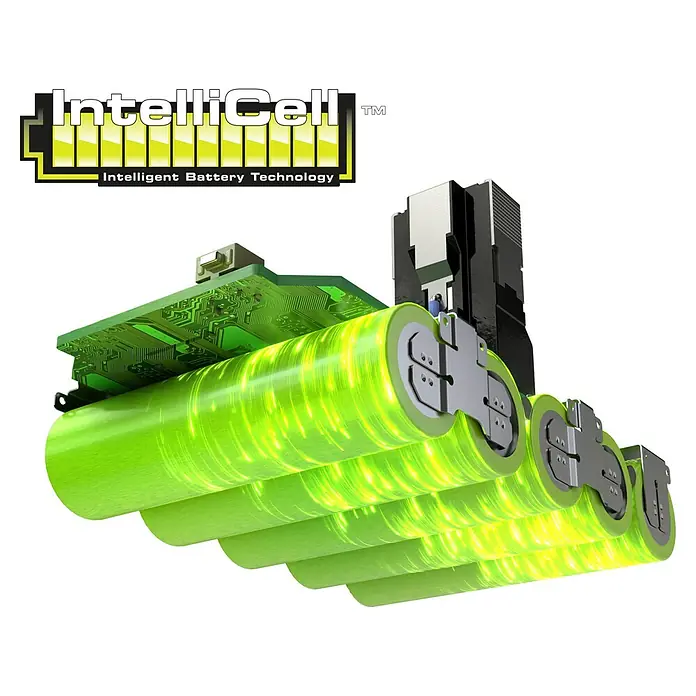 Ryobi ONE+HP Akku RB1825C - 18 V, 2,5 Ah - Das Bild zeigt einen IntelliCell-Akku mit intelligenter Batterietechnologie und grün leuchtenden Zellen, die für Energie und Innovation stehen.