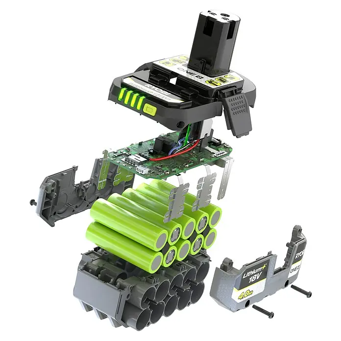 Ryobi ONE+ Akku & Ladegerät Starter-Kit RC18120-140X - 18 V, 4 Ah, 1 Akku - Explosionsdarstellung eines Ryobi ONE+ 18V Lithium+ Akkus. Übersichtliche Darstellung der Batteriekomponenten und des Designs.