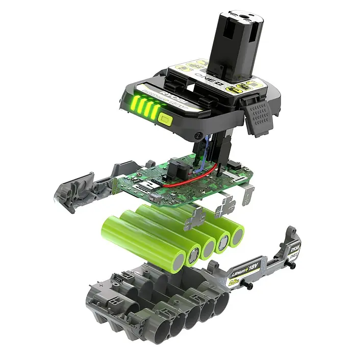 Ryobi ONE+HP Akku RB1825C - 18 V, 2,5 Ah - Explosionsansicht eines Ryobi ONE+ 18V Lithium+ Akkus, der die internen Komponenten wie Batterien und Leiterplatten zeigt.