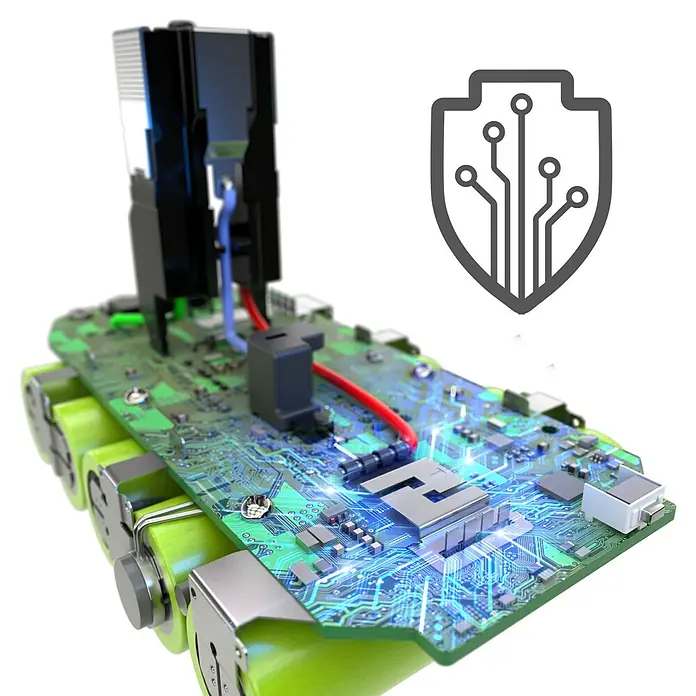 Ryobi ONE+HP Akku RB1825C - 18 V, 2,5 Ah - Grüne Leiterplatte mit Chip und elektronischen Komponenten, die in einem Produkt verbaut sind. Sicherheits-Icon rechts.