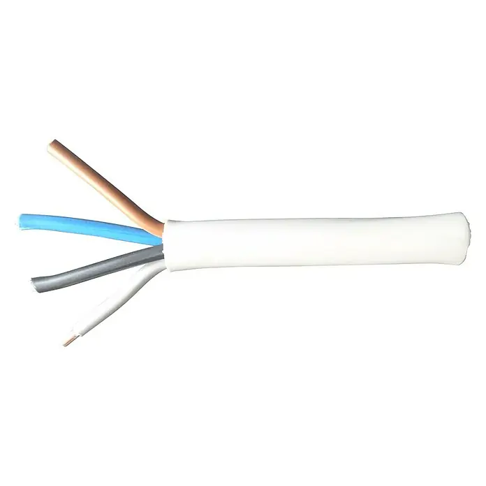 Mantelleitung Meterware NYM-O 4x10 mm² - Anzahl Adern: 4, 10 mm², Grau - Nahaufnahme eines mehradrigen Elektrokabels mit weißer Ummantelung und freiliegenden Adern in verschiedenen Farben.