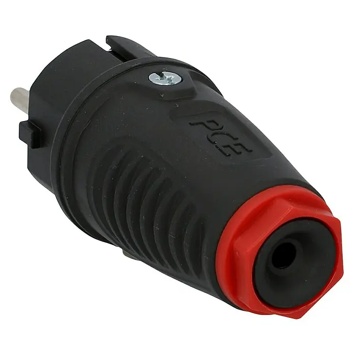 UniTEC Gummi-Schutzkontakt-Stecker - 250 V, IP54, Schwarz, Kabelknickschutz - Schwarzer Industriestecker mit roter Kappe und drei Pins für hohe Belastungen, ideal für Baustellen und Werkstätten.