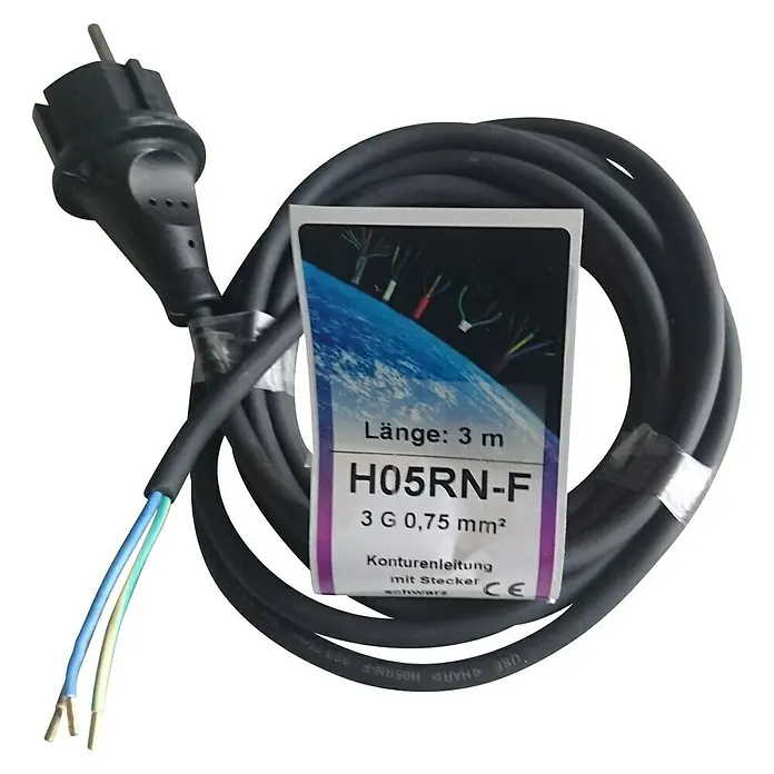Konturenleitung H05RN-F 3x0,75 mm² - H05RN-F, 3 m, Schwarz - Schwarzes H05RN-F 3G 0,75 mm² Stromkabel mit Stecker, 3 Meter Länge, für den universellen Einsatz im Innenbereich.