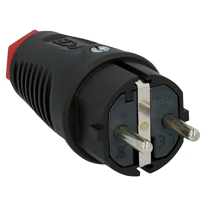 UniTEC Gummi-Schutzkontakt-Stecker - 250 V, IP54, Schwarz, Kabelknickschutz - Ein robuster, schwarzer PCE-Stecker mit roter Spitze, der für hohe Beanspruchung und sichere Stromverbindungen konzipiert ist.