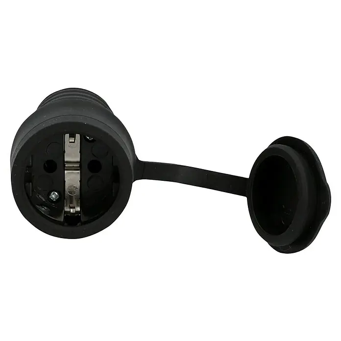 UniTEC Gummi-Schutzkontakt-Kupplung - Leicht, 250 V, IPX4, Schwarz - Schwarzer Schuko-Stecker mit Schutzkontakt und Klappdeckel. Optimal für den Einsatz im Außenbereich und zum Schutz vor Feuchtigkeit.