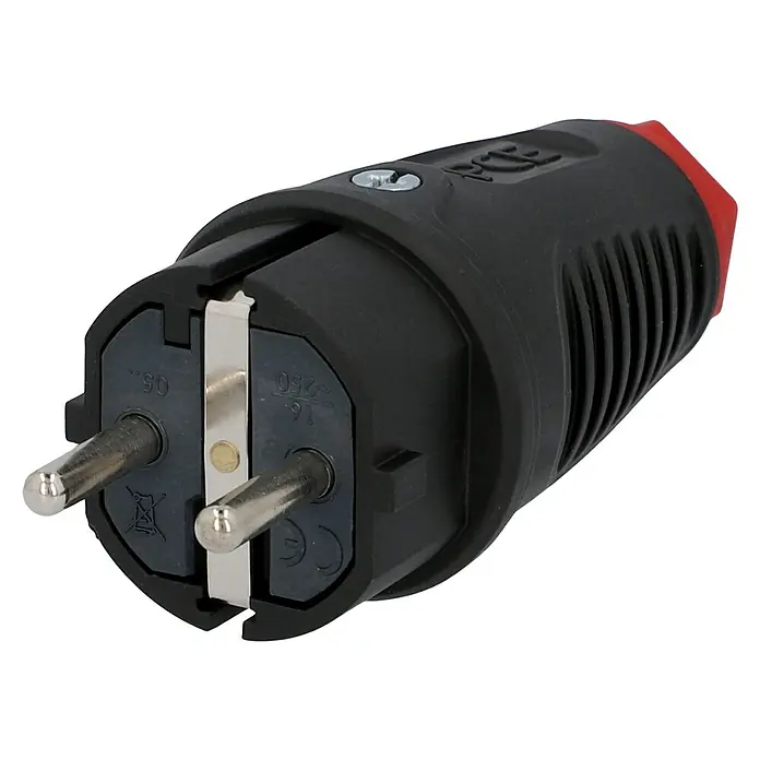 UniTEC Gummi-Schutzkontakt-Stecker - 250 V, IP54, Schwarz, Kabelknickschutz - Nahaufnahme eines schwarzen Schuko-Steckers mit roter Kappe, der für den europäischen Markt entwickelt wurde und eine sichere Stromverbindung bietet.