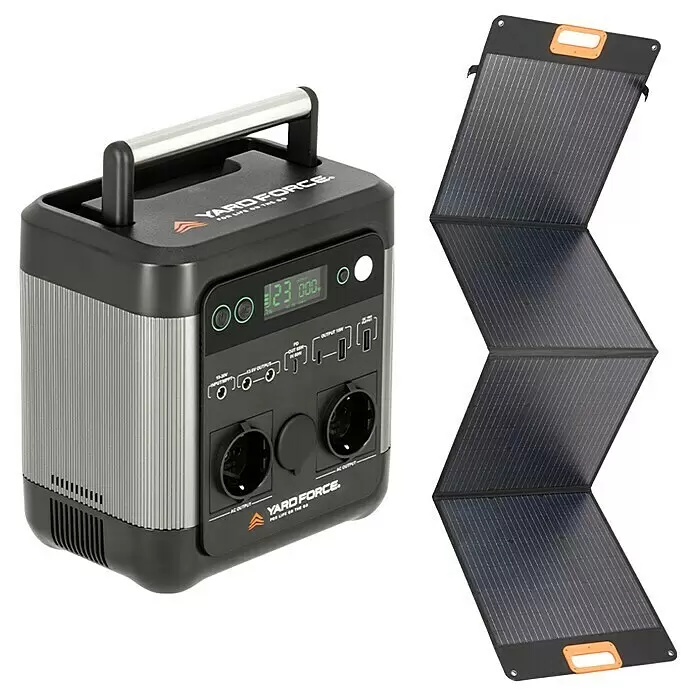 Yard Force Set Powerstation LX PS600 + Solarmodul Flex LX SPP20 - 518 Wh - Dunkelgraue tragbare Powerstation mit gerippten Seiten und ein faltbares dunkelgraues Solarpanel mit orangefarbenen Akzenten.