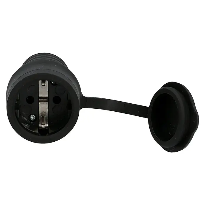 UniTEC Gummi-Schutzkontakt-Kupplung - Leicht, 250 V, IPX4, Schwarz - Schwarze Schutzkontakt-Steckdose mit Klappdeckel, ideal für den Einsatz im Freien und schützt vor Feuchtigkeit und Schmutz.