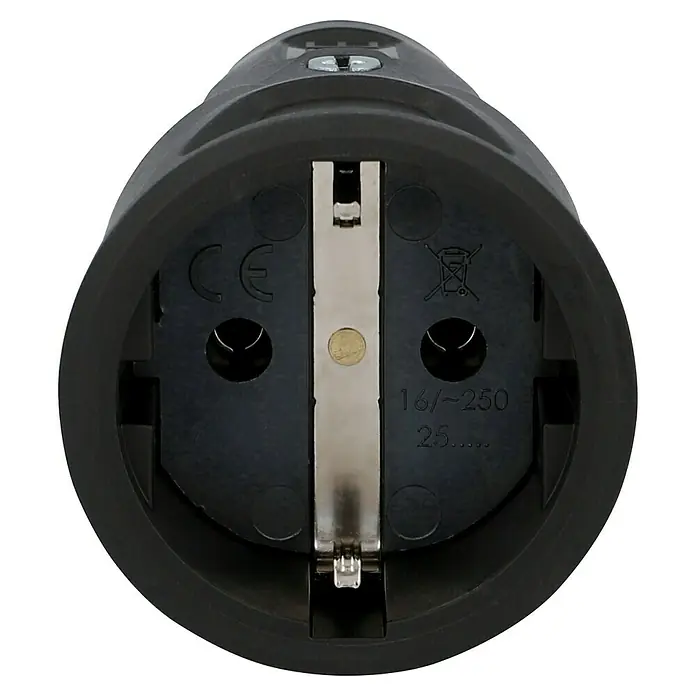 UniTEC Gummi-Schutzkontakt-Kupplung - Schwer, 250 V, IP20, Schwarz - Nahaufnahme eines schwarzen Schuko-Steckers mit silberfarbenem Erdungsstift, der für 16 Ampere und 250 Volt ausgelegt ist.