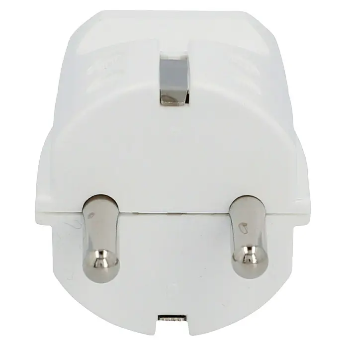 UniTEC Schutzkontaktstecker - Weiß, PVC, IP20 - Nahaufnahme eines weißen Schutzkontaktsteckers. Der Stecker hat zwei runde Stifte und einen Erdungskontakt für sicheren Gebrauch.