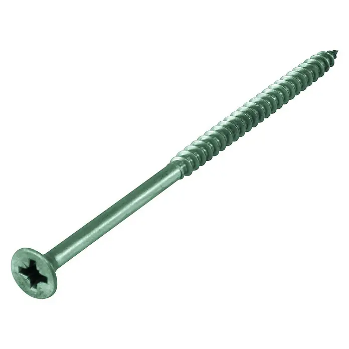 Stabilit Spanplattenschraube A2Ø x L: 4 x 50 mm, Edelstahl, 10 Stk., Senkkopf, Kopf-Kreuzschlitz (Pozidriv) - Nahaufnahme einer einzelnen, silberfarbenen Holzschraube mit einem Kreuzschlitzkopf vor einem weißen Hintergrund.