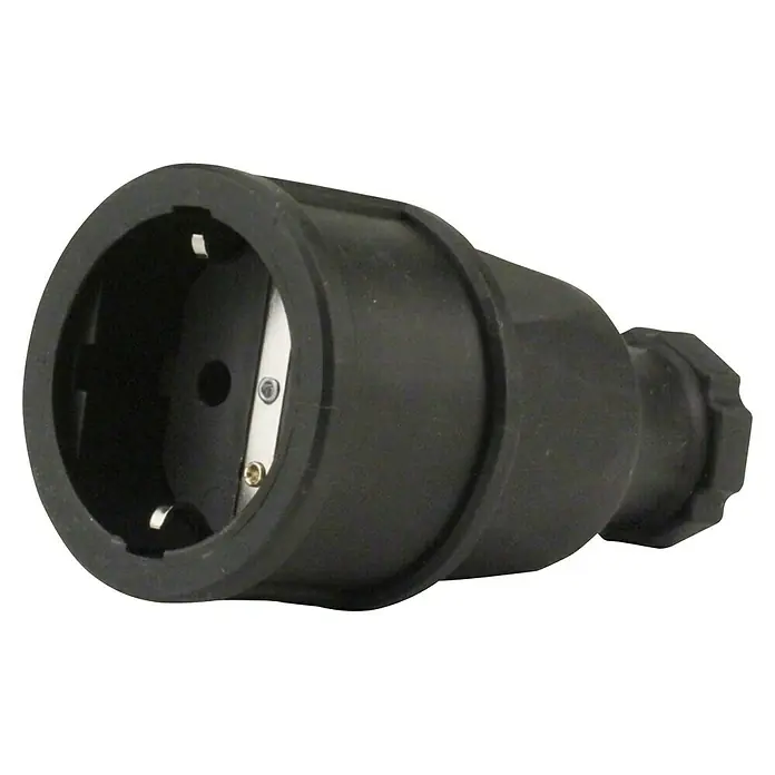 UniTEC Gummi-Schutzkontakt-Kupplung - Schwer, 250 V, IP20, Schwarz - Detailaufnahme einer schwarzen Schutzkontakt-Kupplung, die Stromkabel sicher und wasserdicht verbindet. Ideal für den Außenbereich.