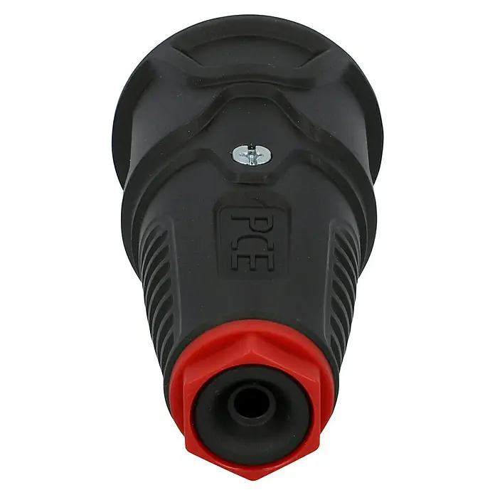 UniTEC Gummi-Schutzkontakt-Kupplung - Schwer, 250 V, IP20, Schwarz - Schwarzer PCE-Stecker mit rotem Ende, frontal aufgenommen, robustes Design für sichere elektrische Verbindungen.