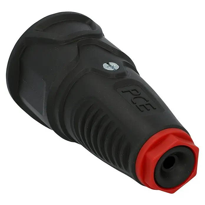 UniTEC Gummi-Schutzkontakt-Kupplung - Schwer, 250 V, IP20, Schwarz - Schwarzer PCE-Stecker mit roter Spitze. Der robuste Stecker ist ideal für Industrieanwendungen und sorgt für eine sichere Verbindung.