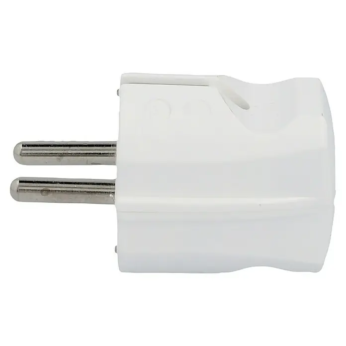 UniTEC Schutzkontaktstecker - Weiß, PVC, IP20 - Nahaufnahme eines weißen Eurosteckers, der für den Anschluss elektronischer Geräte an das europäische Stromnetz verwendet wird.