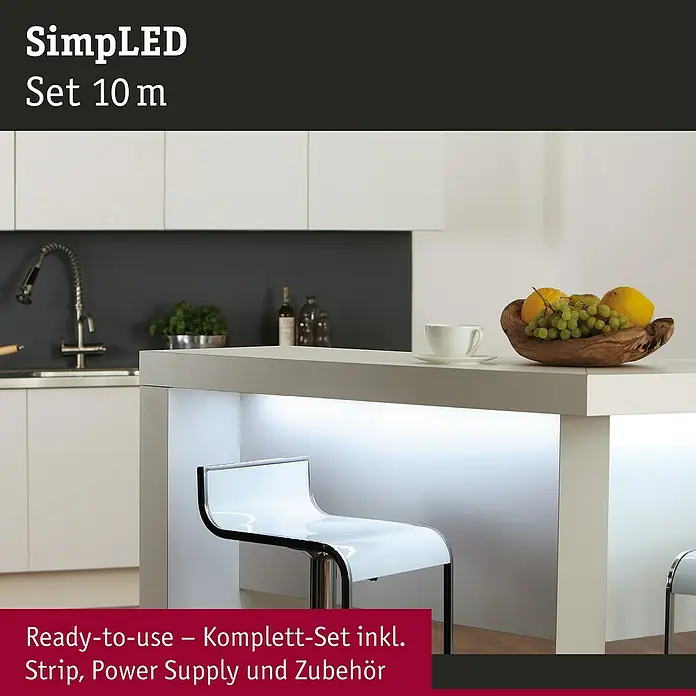 Paulmann LED-Band Strip - Länge: 10 m, Lichtfarbe: Tageslichtweiß, 22 W, 1.870 lm - SimpLED Set 10 m: Das Komplett-Set inklusive Strip, Netzteil und Zubehör für eine stimmungsvolle Beleuchtung in Ihrem Zuhause.