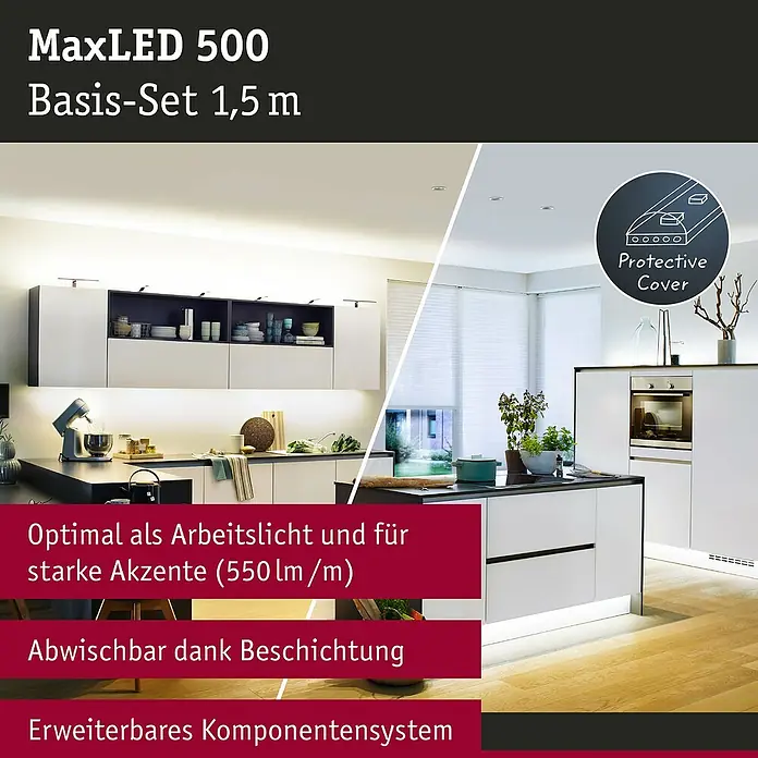 Paulmann MaxLED 500 LED-Band-Set Basisset Zigbee - 150 cm, Warmweiß, 12 W, 765 lm, 230 V - 240 V - MaxLED 500 Basis-Set 1,5 m: Flexible LED-Streifen für Arbeitslicht und Akzente in der Küche, abwischbar und erweiterbar.