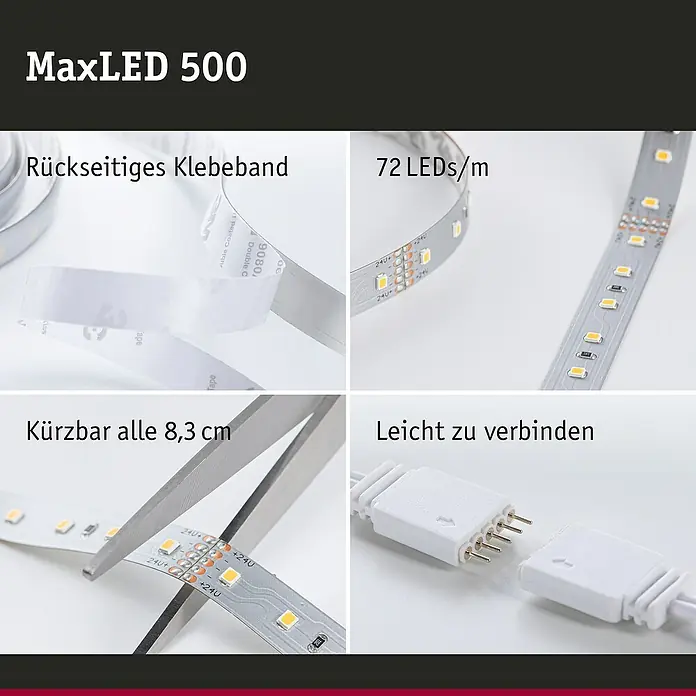 Paulmann MaxLED 500 LED-Band Function Tageslichtweiß Basisset - L x H: 10 m x 3 mm, Silber, Neutralweiß - Produktbild der MaxLED 500 LED-Streifen mit Klebeband, Schnittmarkierungen und Verbindungselementen.